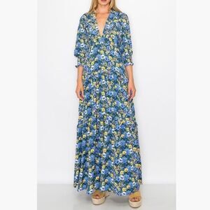 NWOT Code x Mode Blue Floral Prairie Ruffle Maxi Dress Size Small